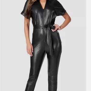 bebe Black Faux Leather Short Sleeve Jumpsuit